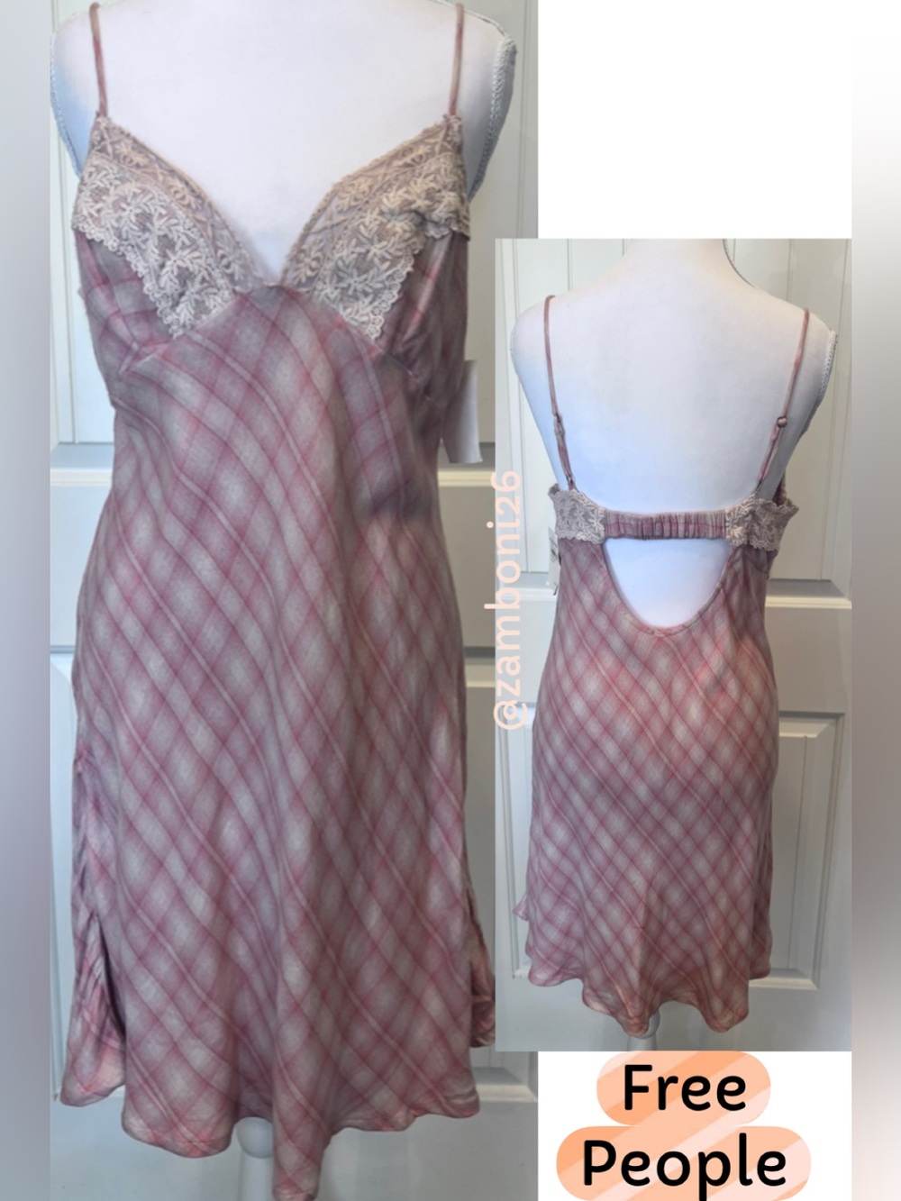 NWT Free People Gracie Babydoll Lace Plaid Mini Slip Flannel Dress Medium